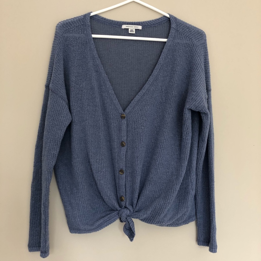 American Eagle Cardigan/Button-Up Tie Shirt Blue S